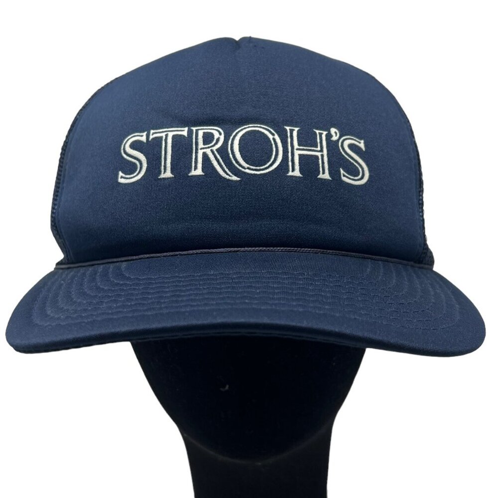 Stroh's Beer Vintage Trucker Mesh Snapback Hat Cap Blue Logo 80's 90's Alcohol